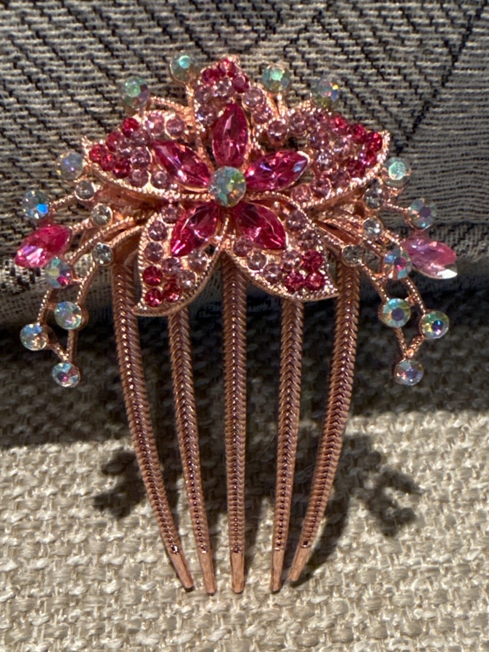 Rose Gold Metal Vintage-Inspired Pink Crystal Floral Hair Comb Feminine